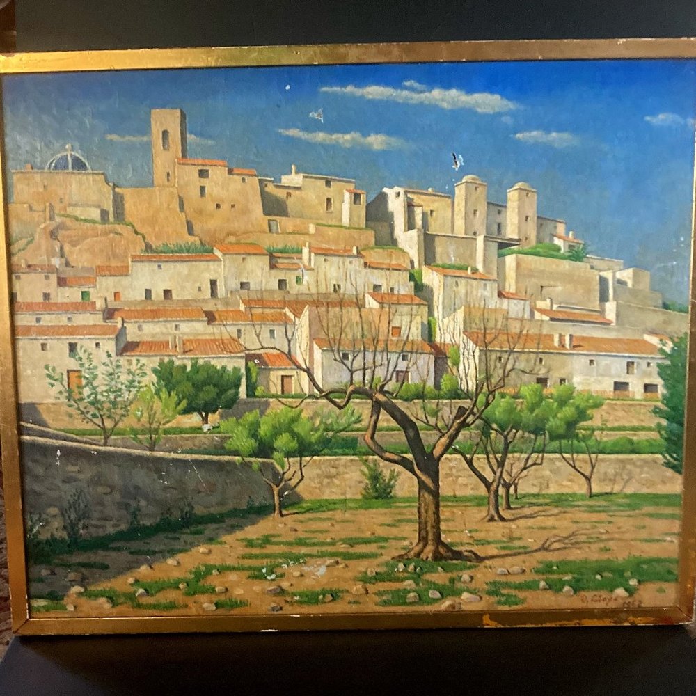 Large Antique Vintage Oil Painting Altea Spain Otho Lloyd English 1885-1973